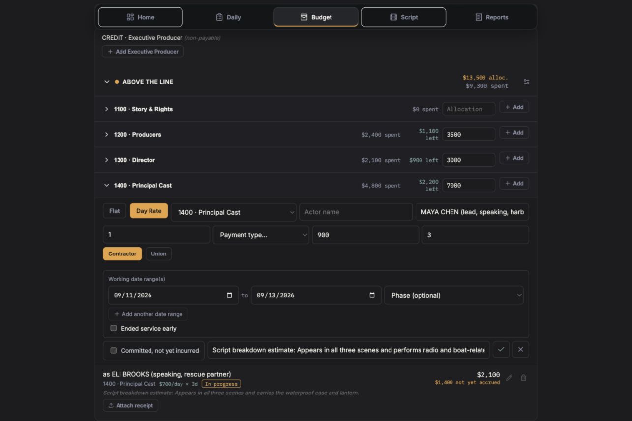 ReelCost day-rate cast and crew compensation input form