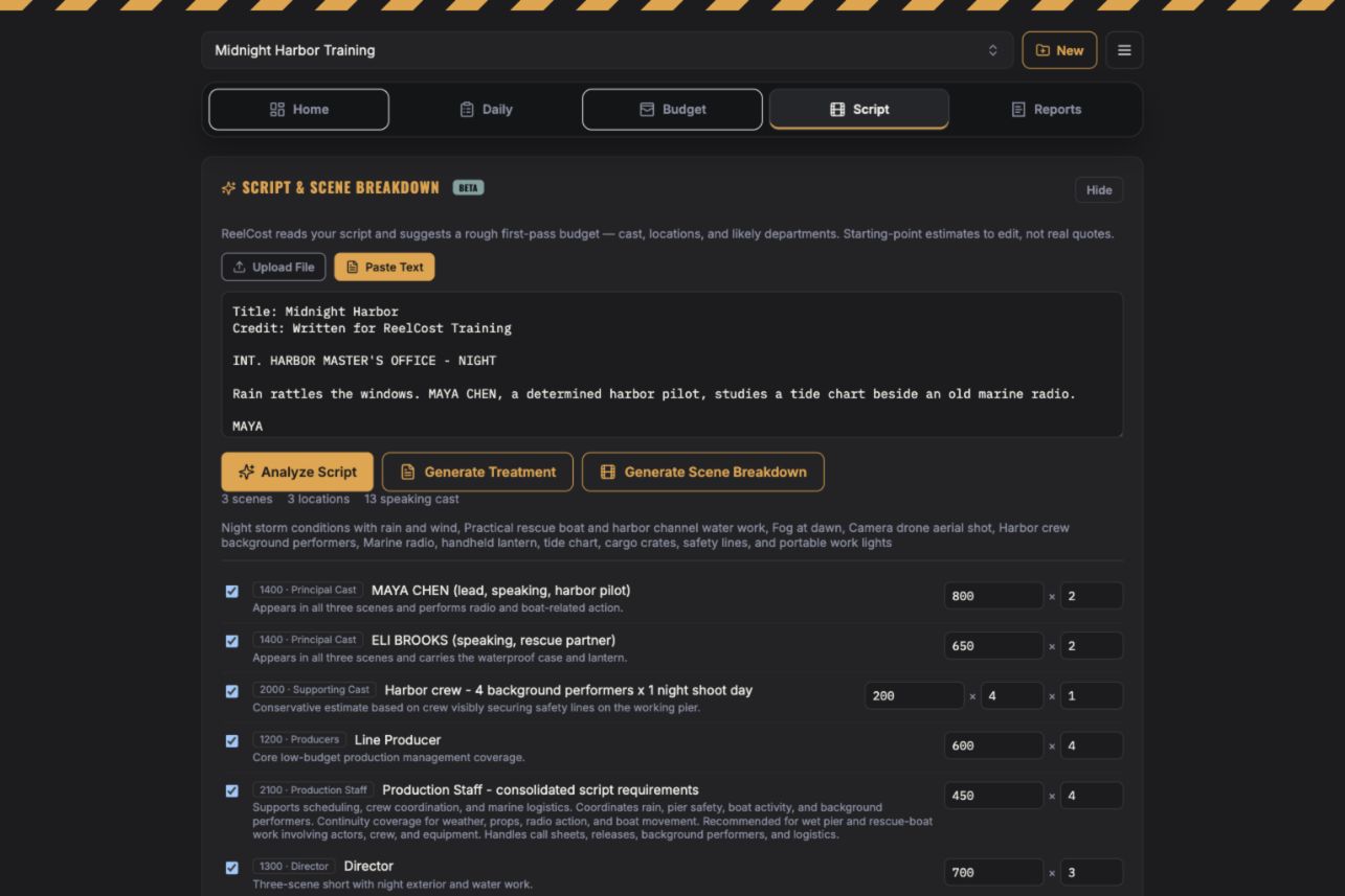 ReelCost script analysis and scene breakdown summary